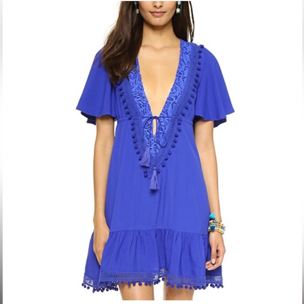 The Jetset Diaries Paisley Deep V Flutter Sleeve Pom Pom Dress Blue Size XS